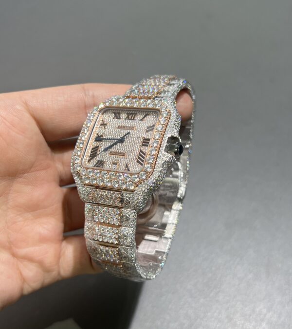 0072 Cartier Santos 40mm 2tone Rose Gold & White Roman Dial Big Stone Bezel Small Stone Case Big Stone Raised Quick Release Band