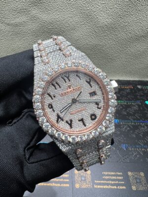 0029 Audemars Piguet Royal Oak 15400 41mm 2tone Rose Gold & White Arabic Dial Big Stone Bezel & Case & Raised Band