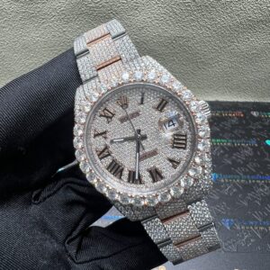 0019 Rolex Datejust 41mm 2tone Rose Gold & White Roman Dial 1 Row Big Stone Bezel Oyster Band