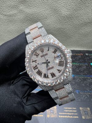 0019 Rolex Datejust 41mm 2tone Rose Gold & White Roman Dial 1 Row Big Stone Bezel Oyster Band