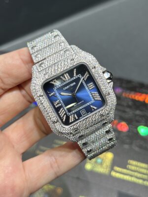 0096 Cartier Santos 40mm White Roman Blue Dial BVF Small Stone Bezel Small Stone Case 4 Rows Quick Release Band