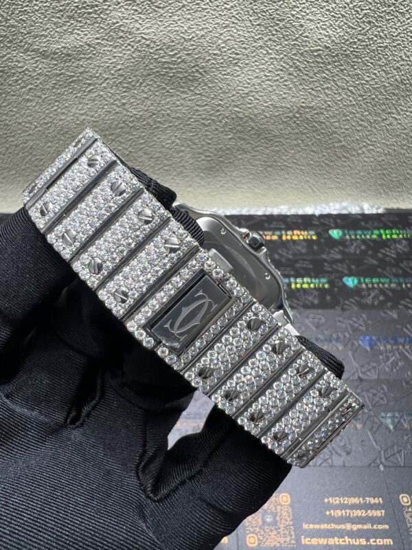 0045 Cartier Santos 40mm White Baguette Dial Big Stone Bezel & Case 3 Rows Quick Release Band