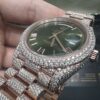 0065 Rolex Daydate 40mm Rose Gold Plain Olive Green Dial 2 Rows Stone Bezel President Band
