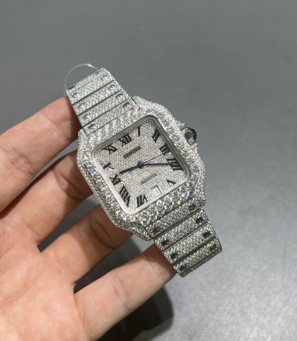 0071 Cartier Santos 40mm White Roman Dial BVF Big Stone Bezel Small Stone Case 4 Rows Quick Release Band