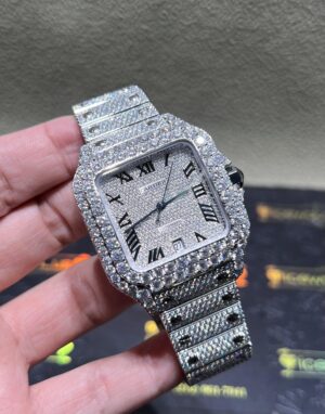 0003 Cartier Santos 40mm White Roman Dial BVF Big Stone Bezel Small Stone Case 4 Rows Band