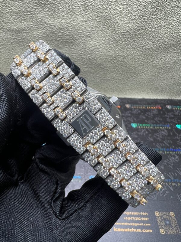 0027Audemars Piguet Royal Oak 15400 41mm 2tone Yellow Gold & White Arabic Dial Big Stone Bezel & Case & Raised Band