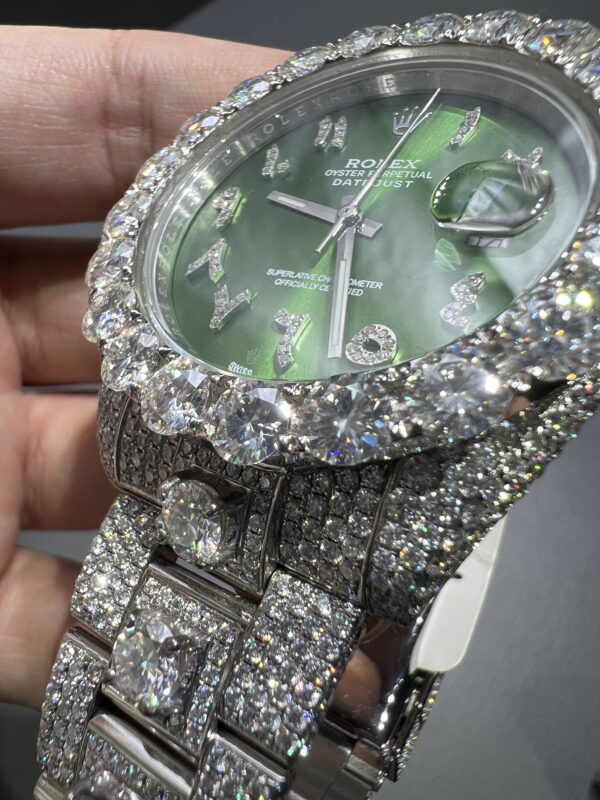 0073 Rolex Datejust 41mm White Customised Green Arabic dial 1 Row Super Big Stone Bezel Oyster Band with Large Stones Protrude