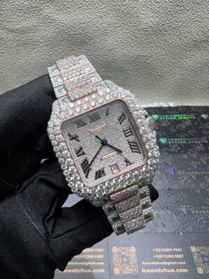 0054 Cartier Santos 40mm 2tone Rose Gold & White Roman Dial Big Stone Bezel & Case Big Stone Raised Quick Release Band