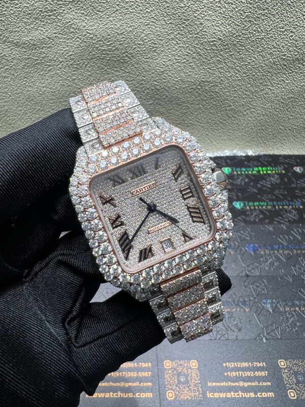 0054 Cartier Santos 40mm 2tone Rose Gold & White Roman Dial Big Stone Bezel & Case Big Stone Raised Quick Release Band