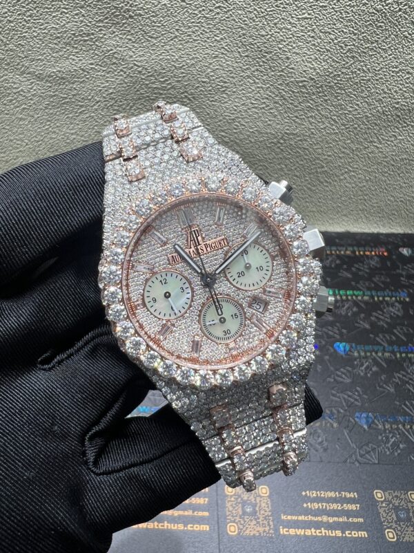 0026 Audemars Piguet Royal Oak Chrono 26331 41mm 2tone Rose Gold & White Baguette Dial Big Stone Bezel & Case Big Stone Raised Band