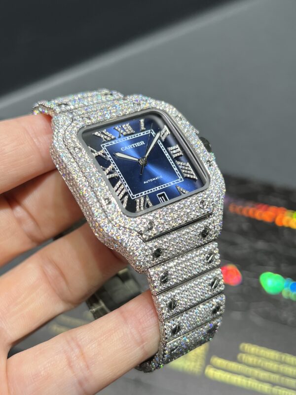 0096 Cartier Santos 40mm White Roman Blue Dial BVF Small Stone Bezel Small Stone Case 4 Rows Quick Release Band