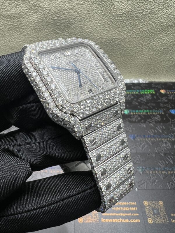0045 Cartier Santos 40mm White Baguette Dial Big Stone Bezel & Case 3 Rows Quick Release Band