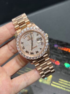 0095 Rolex Daydate 40mm Rose Gold Roman Dial One Row Big Stone Bezel President Band