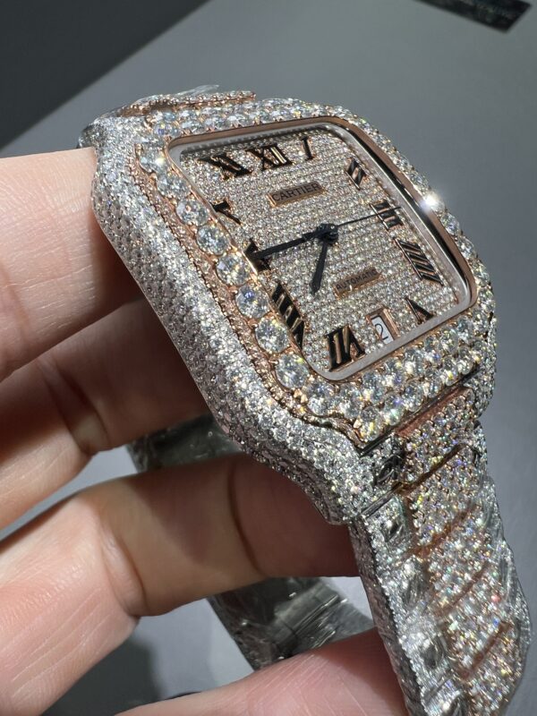 0072 Cartier Santos 40mm 2tone Rose Gold & White Roman Dial Big Stone Bezel Small Stone Case Big Stone Raised Quick Release Band