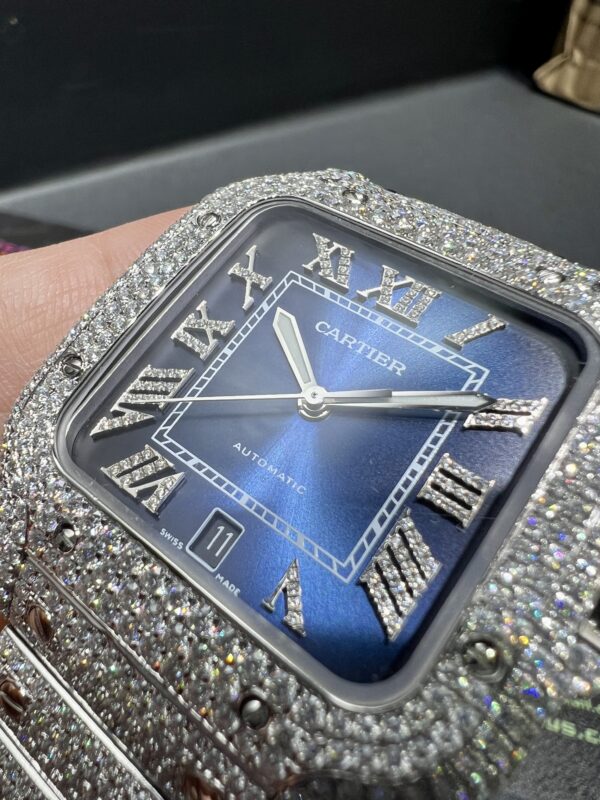 0096 Cartier Santos 40mm White Roman Blue Dial BVF Small Stone Bezel Small Stone Case 4 Rows Quick Release Band