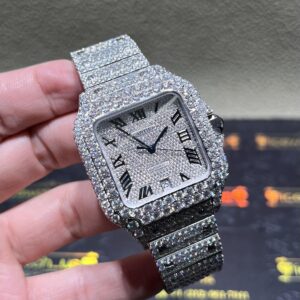 0002 Cartier Santos 40mm White Roman Dial BVF Big Stone Bezel & Case 3 Rows Band