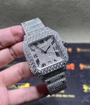 0002 Cartier Santos 40mm White Roman Dial BVF Big Stone Bezel & Case 3 Rows Band