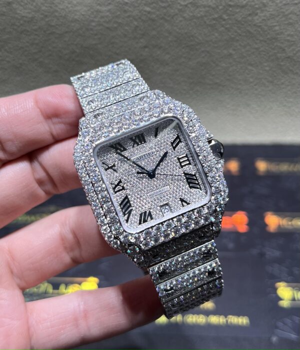 0002 Cartier Santos 40mm White Roman Dial BVF Big Stone Bezel & Case 3 Rows Band
