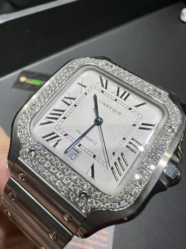 0098 Cartier Santos 40mm White Roman White Plain Dial BVF Small stones bezel Quick Release Band