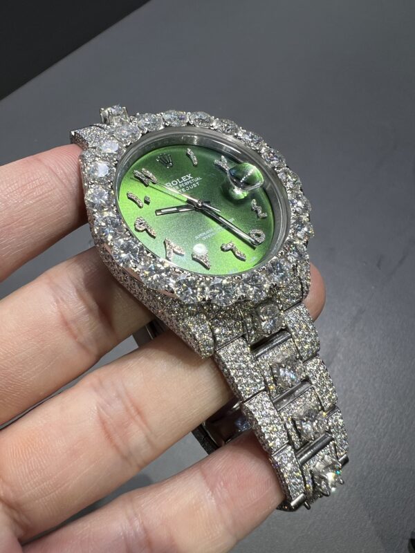 0073 Rolex Datejust 41mm White Customised Green Arabic dial 1 Row Super Big Stone Bezel Oyster Band with Large Stones Protrude