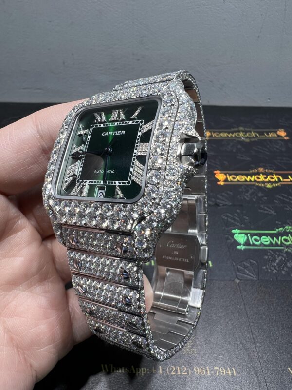 0009 Cartier Santos 40mm White Green Roman Dial Big Stone Bezel & Case 3 Rows Band