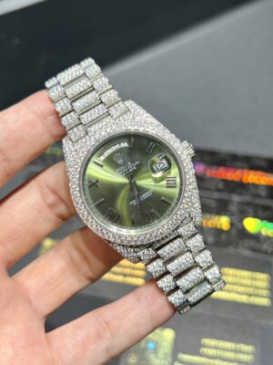 0078 Rolex Daydate 40mm White Plain Olive Green Dial 2 Rows Stone Bezel President Band