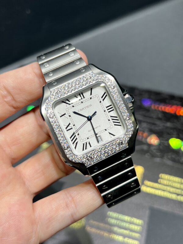 0098 Cartier Santos 40mm White Roman White Plain Dial BVF Small stones bezel Quick Release Band