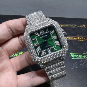 0009 Cartier Santos 40mm White Green Roman Dial Big Stone Bezel & Case 3 Rows Band