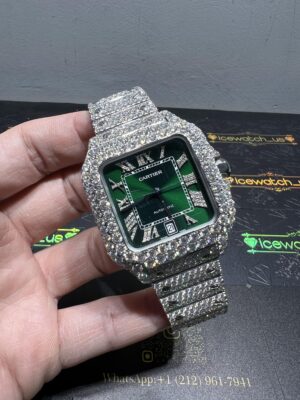 0009 Cartier Santos 40mm White Green Roman Dial Big Stone Bezel & Case 3 Rows Band