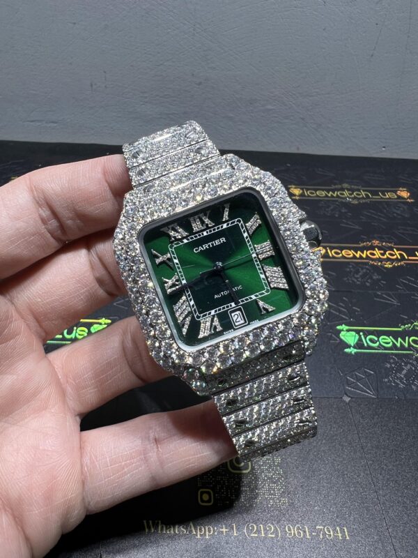 0009 Cartier Santos 40mm White Green Roman Dial Big Stone Bezel & Case 3 Rows Band