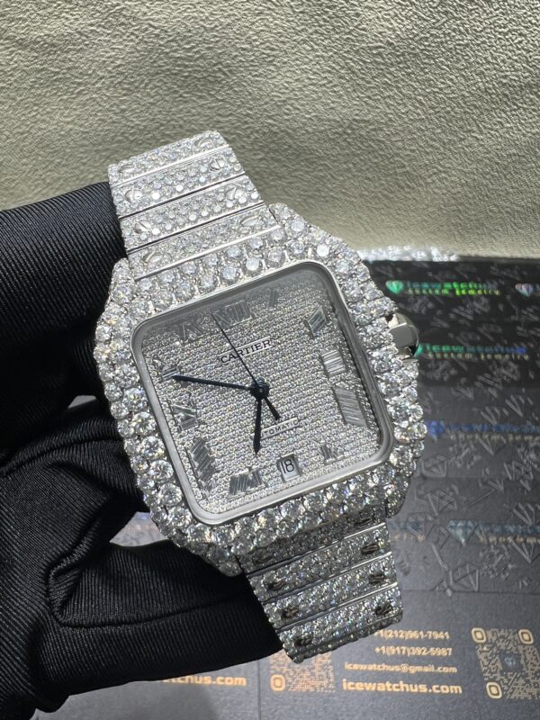 0045 Cartier Santos 40mm White Baguette Dial Big Stone Bezel & Case 3 Rows Quick Release Band