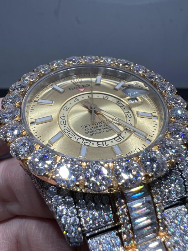 0001 Rolex SkyDweller 42mm 2Tone Yellow Gold & White Big Stone Bezel Baguette Band