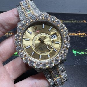0001 Rolex SkyDweller 42mm 2Tone Yellow Gold & White Big Stone Bezel Baguette Band