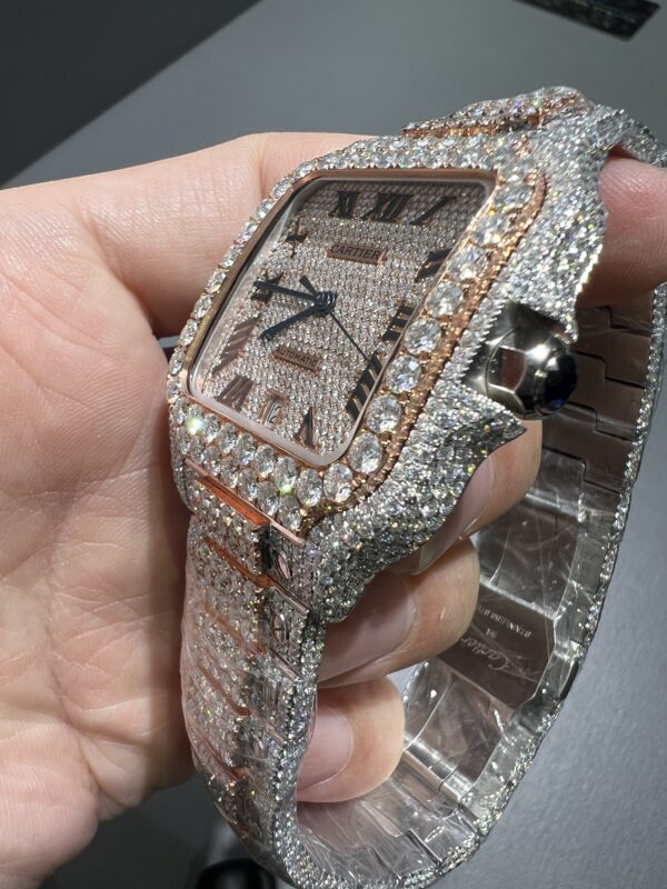 0072 Cartier Santos 40mm 2tone Rose Gold & White Roman Dial Big Stone Bezel Small Stone Case Big Stone Raised Quick Release Band