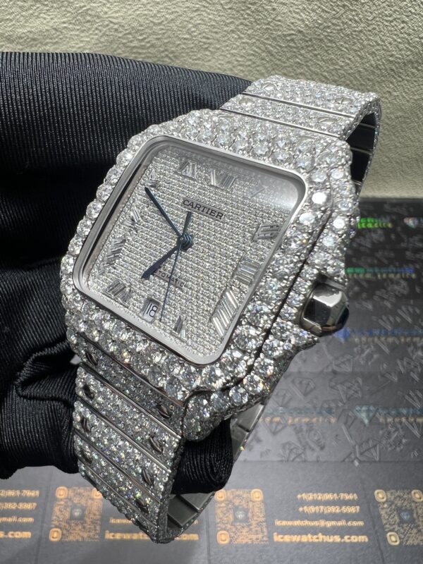 0045 Cartier Santos 40mm White Baguette Dial Big Stone Bezel & Case 3 Rows Quick Release Band