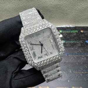 0045 Cartier Santos 40mm White Baguette Dial Big Stone Bezel & Case 3 Rows Quick Release Band