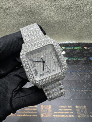 0045 Cartier Santos 40mm White Baguette Dial Big Stone Bezel & Case 3 Rows Quick Release Band