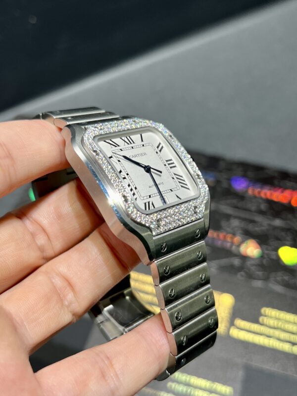 0098 Cartier Santos 40mm White Roman White Plain Dial BVF Small stones bezel Quick Release Band