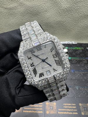 0046 Cartier Santos 40mm White Big Stone Bezel & Case Big Stone Baguette Quick Release Band
