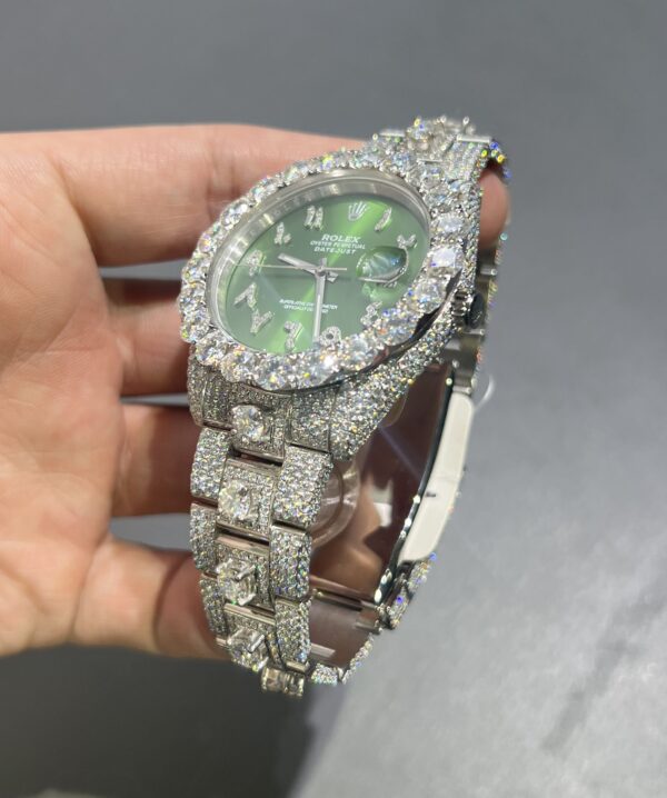 0073 Rolex Datejust 41mm White Customised Green Arabic dial 1 Row Super Big Stone Bezel Oyster Band with Large Stones Protrude