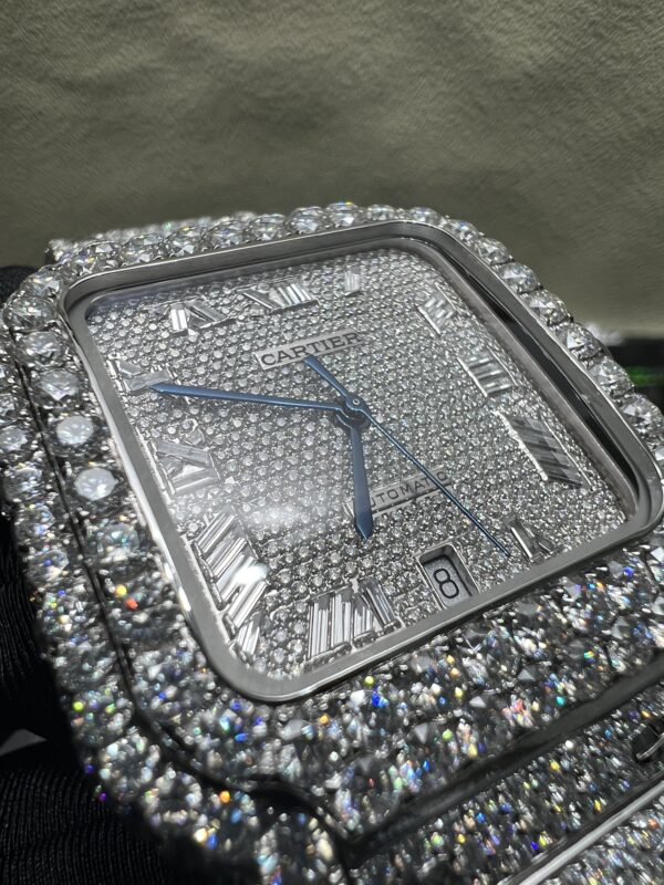 0045 Cartier Santos 40mm White Baguette Dial Big Stone Bezel & Case 3 Rows Quick Release Band