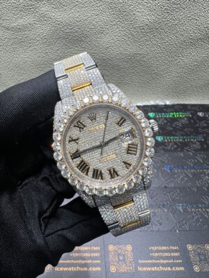 0053 Rolex Datejust 41mm 2tone Yellow Gold & White Roman Dial 1 Row Big Stone Bezel Oyster Band