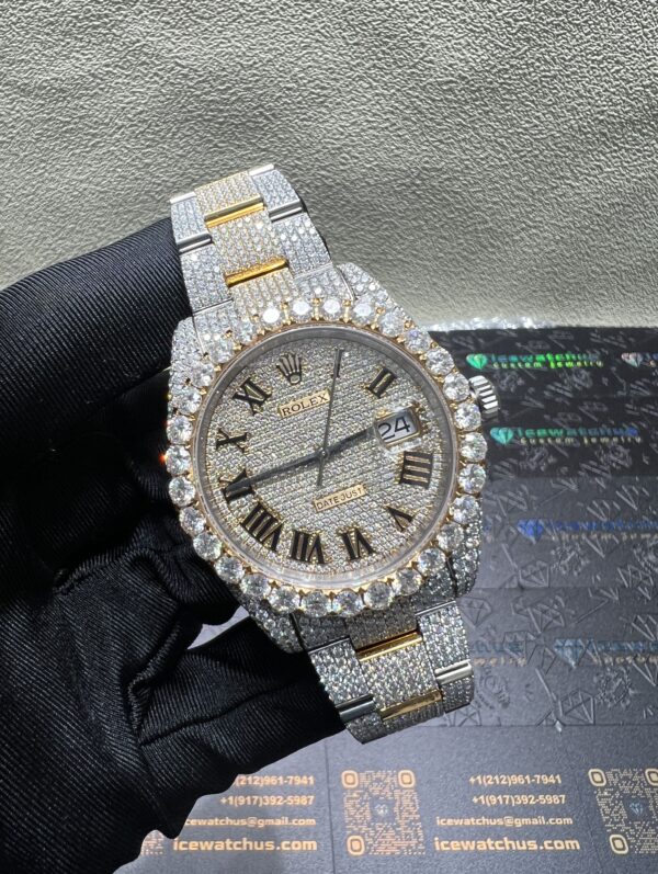 0053 Rolex Datejust 41mm 2tone Yellow Gold & White Roman Dial 1 Row Big Stone Bezel Oyster Band