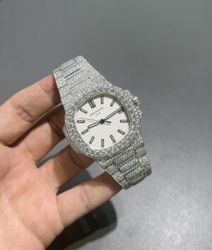 0069 Patek Nautilus 5711 40mm Plain White Dial 2 Rows Stone Bezel Small Stone Case & Band